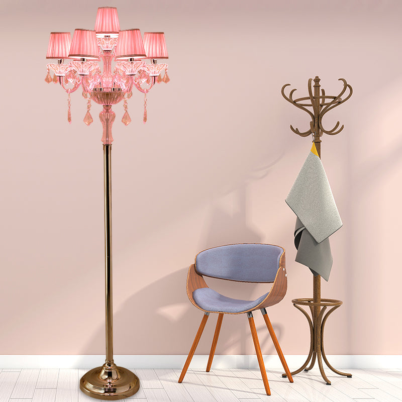 Crystal Pink Floor Reading Lamp Candlestick 5/6/7-Head Traditional Standing Light with Pleated Lampshade