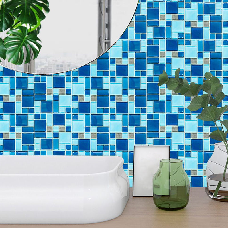 Blue Mosaic Tile Wallpaper Panels Easy Peel off Modern Washroom Wall Covering (10 Pcs)