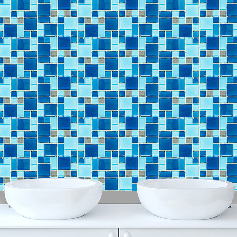 Blue Mosaic Tile Wallpaper Panels Easy Peel off Modern Washroom Wall Covering (10 Pcs)