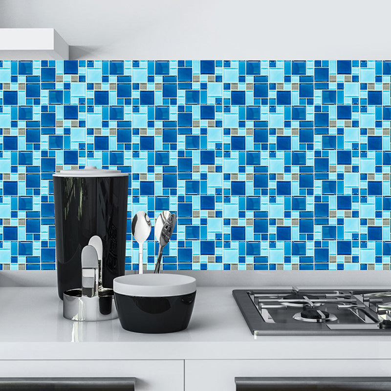 Blue Mosaic Tile Wallpaper Panels Easy Peel off Modern Washroom Wall Covering (10 Pcs)