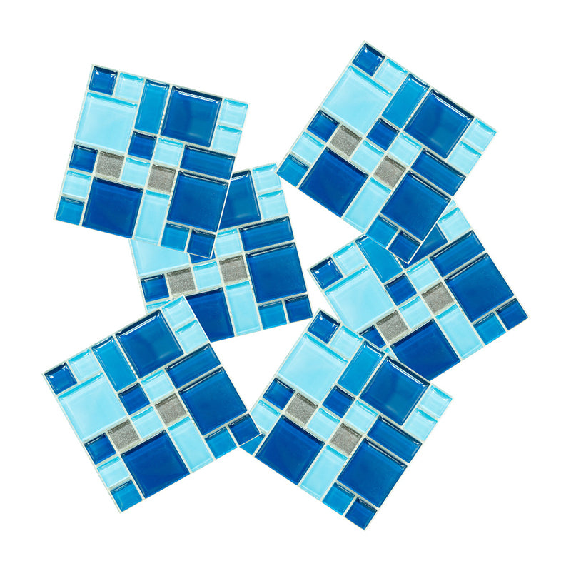 Blue Mosaic Tile Wallpaper Panels Easy Peel off Modern Washroom Wall Covering (10 Pcs)