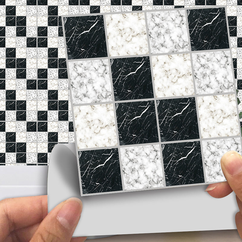 Modern Stick On Marble Wallpaper Panel Black-White Mosaic Tile Wall Art for Washroom