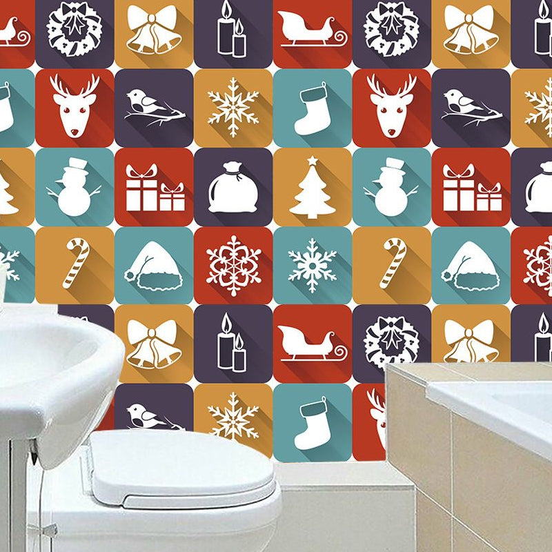 Green-Red Christmas Wallpaper Panel Self Sticking Novelty Bathroom Wall Art (10 Pcs)