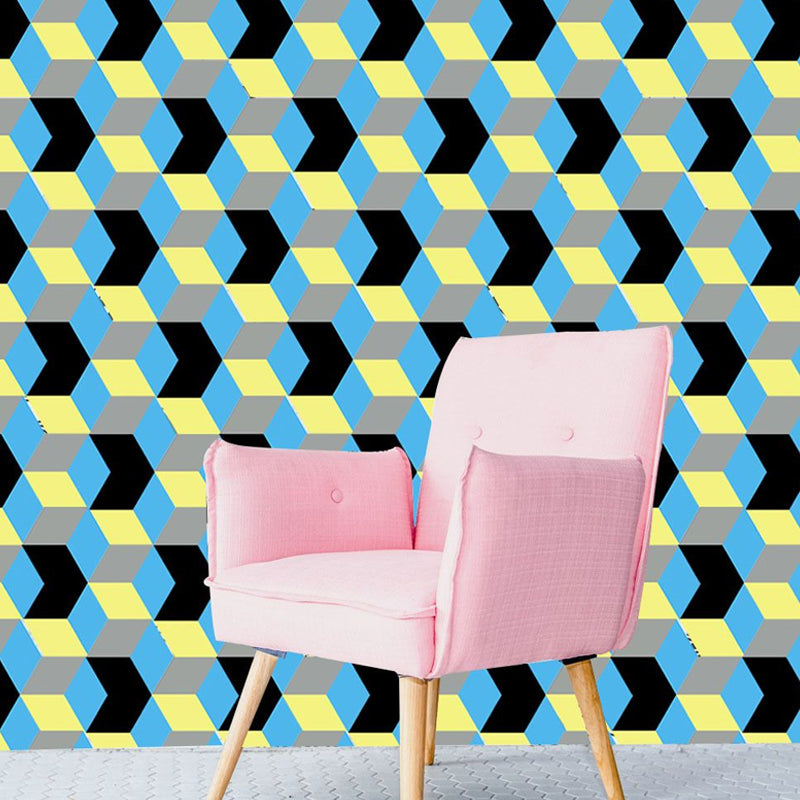 Faux 3D Cube Geometric Wallpapers Contemporary PVC Adhesive Wall Art in Yellow-Blue