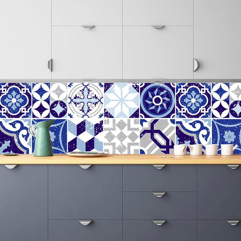 Mediterranean Geometric Tiles Wallpapers for Kitchen 10 Pieces 8' x 8" Wall Decor in Blue, Stick On