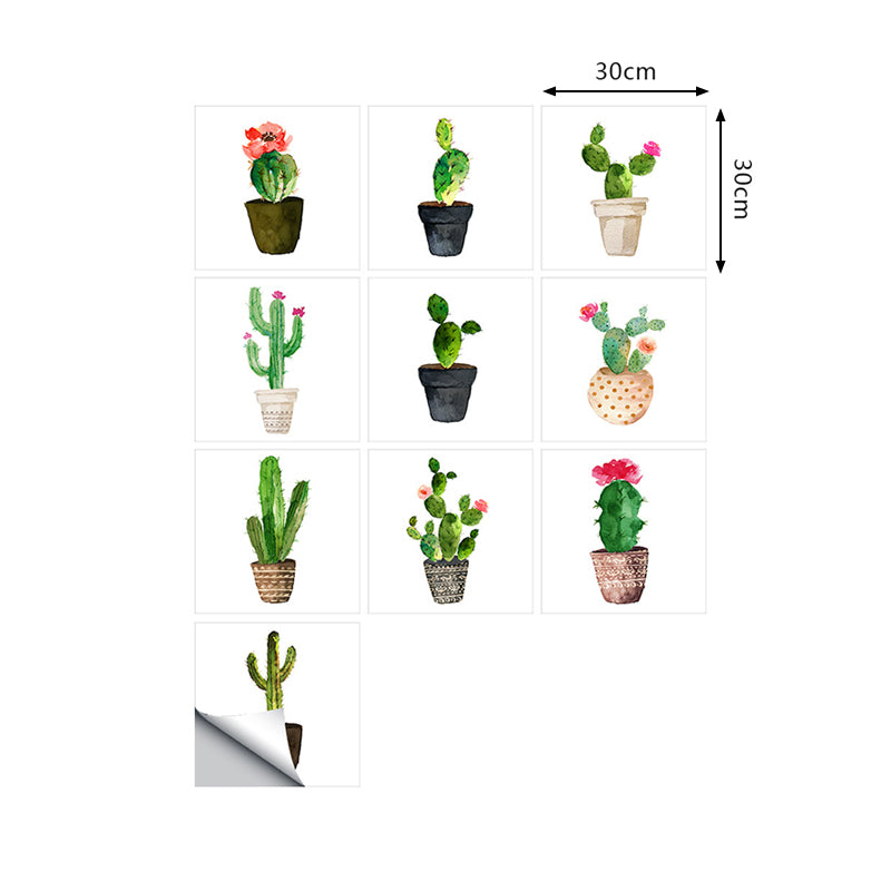 Green Potted Cactus Wallpapers 10 Pcs Easy Peel off Wall Art for Washroom, 12' L x 12" W