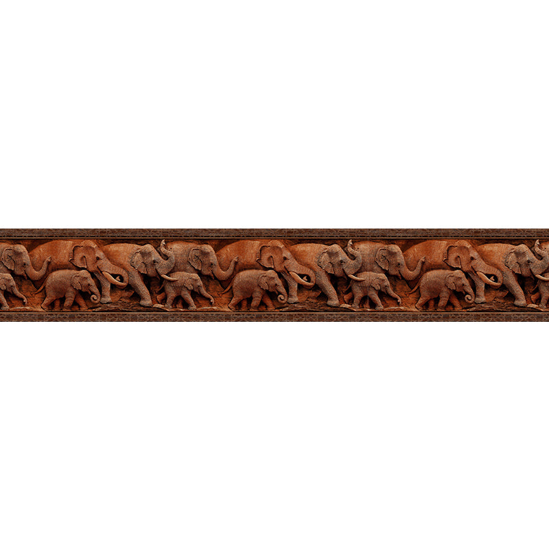 Faux Embossed Elephant Wallpaper Borders Brown Asian Self-Stick Wall Art for Home, 2 Pcs