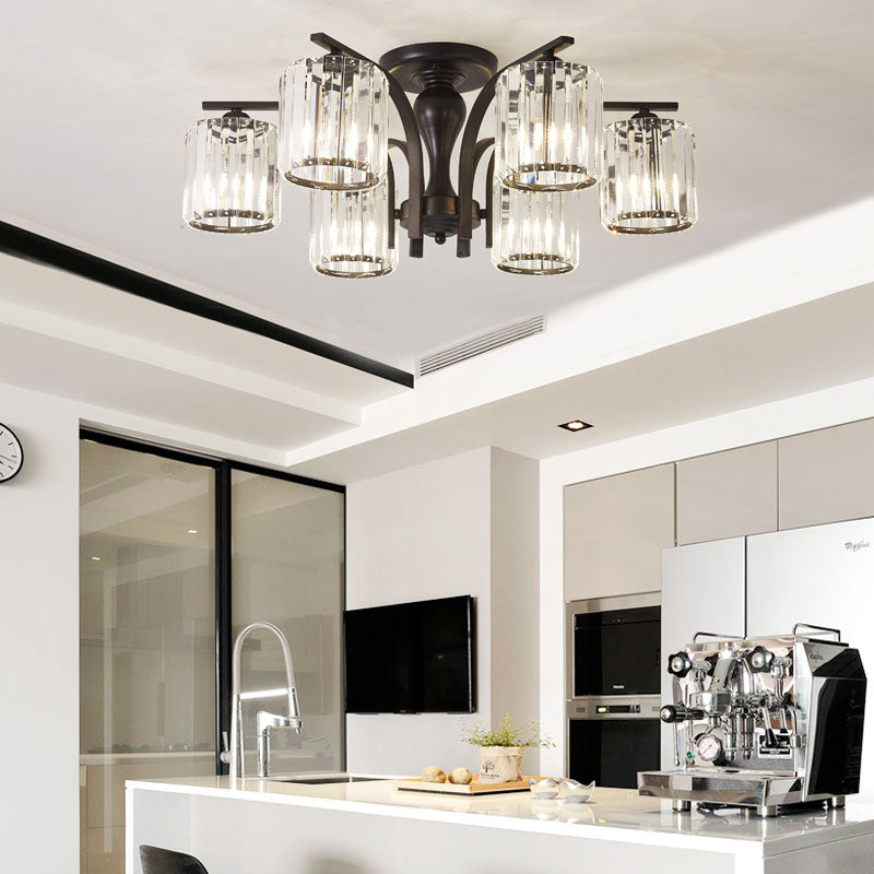 Cylinder Semi Flush Mount Light with Crystal Shade Nordic Metal 6/8/10 Lights Black Ceiling Mounted Fixture