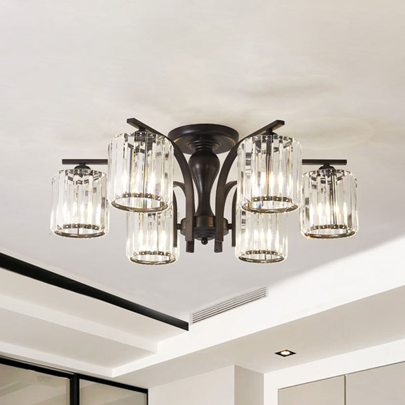 Cylinder Semi Flush Mount Light with Crystal Shade Nordic Metal 6/8/10 Lights Black Ceiling Mounted Fixture