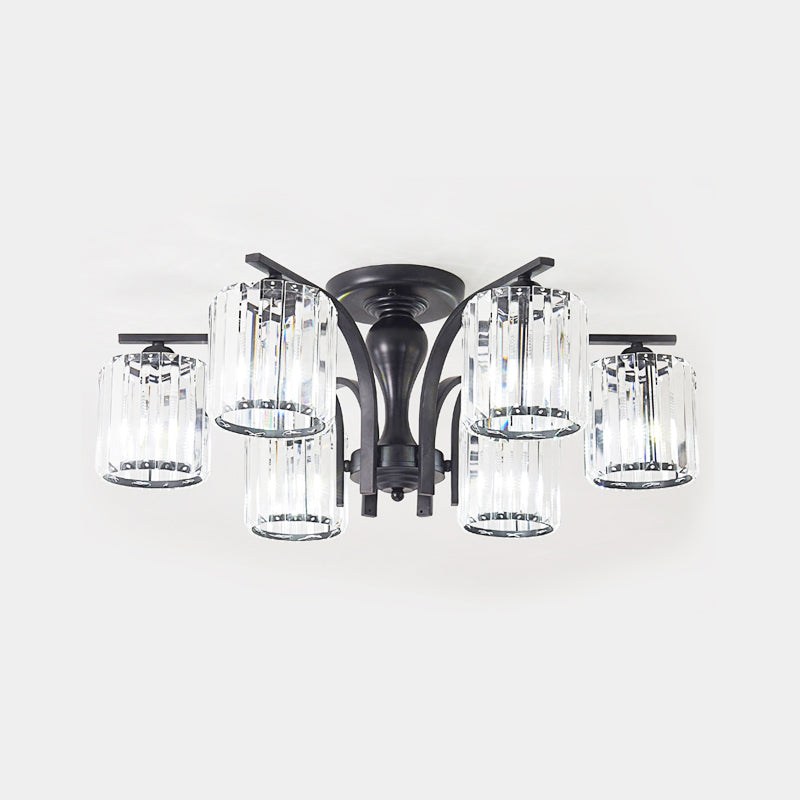 Cylinder Semi Flush Mount Light with Crystal Shade Nordic Metal 6/8/10 Lights Black Ceiling Mounted Fixture