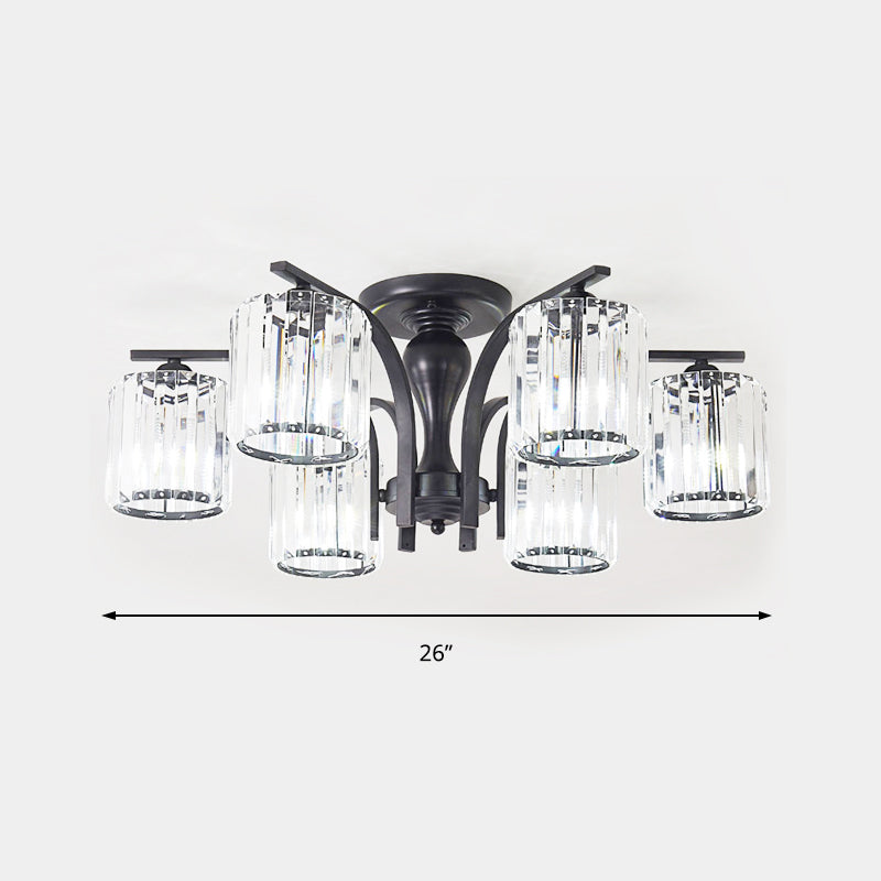 Cylinder Semi Flush Mount Light with Crystal Shade Nordic Metal 6/8/10 Lights Black Ceiling Mounted Fixture