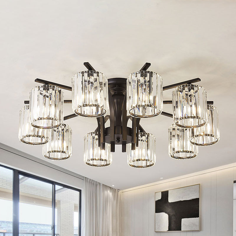 Cylinder Semi Flush Mount Light with Crystal Shade Nordic Metal 6/8/10 Lights Black Ceiling Mounted Fixture