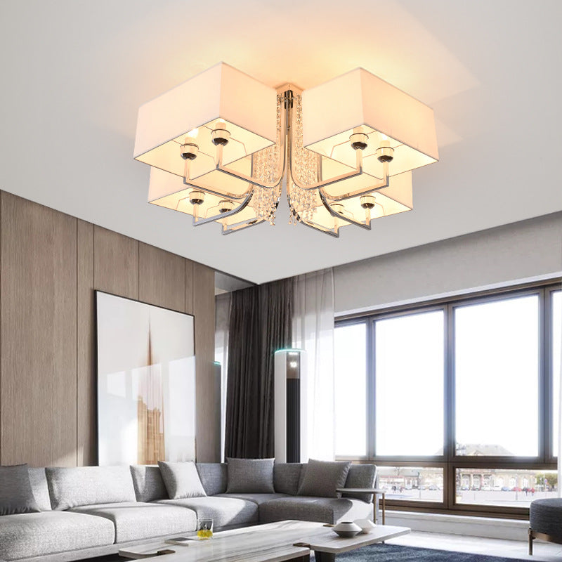 Cubic Fabric Shade Semi Flush Ceiling Light with Crystal Drop Contemporary White Bedroom Ceiling Light Fixture, 23.5"/31.5" Wide