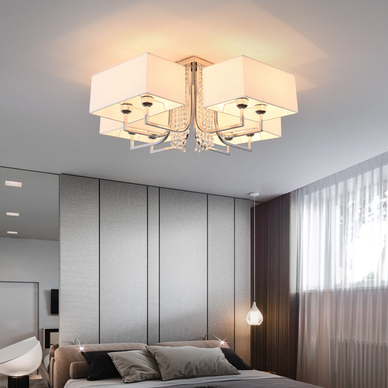 Cubic Fabric Shade Semi Flush Ceiling Light with Crystal Drop Contemporary White Bedroom Ceiling Light Fixture, 23.5"/31.5" Wide