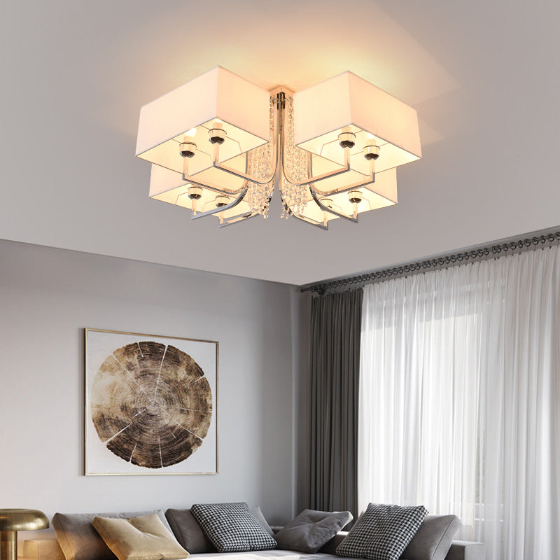 Cubic Fabric Shade Semi Flush Ceiling Light with Crystal Drop Contemporary White Bedroom Ceiling Light Fixture, 23.5"/31.5" Wide