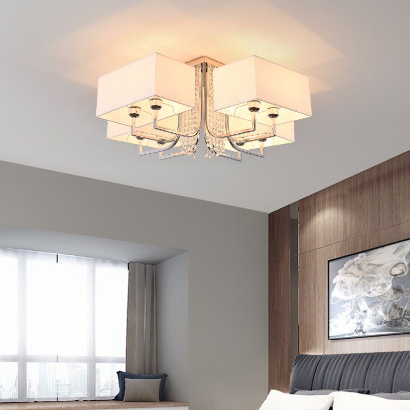 Cubic Fabric Shade Semi Flush Ceiling Light with Crystal Drop Contemporary White Bedroom Ceiling Light Fixture, 23.5"/31.5" Wide