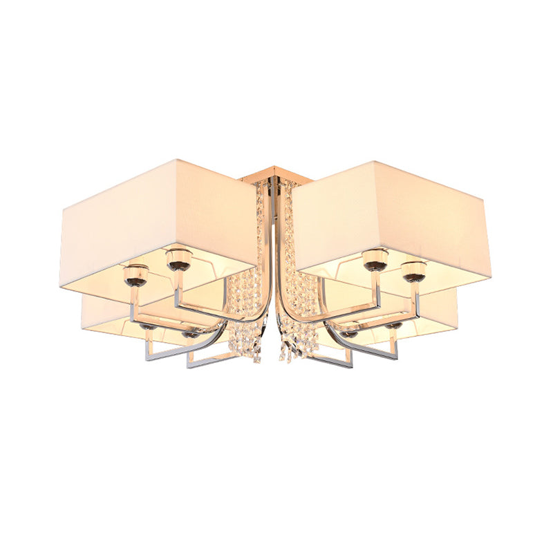 Cubic Fabric Shade Semi Flush plafondlicht met kristalval Eigentijds wit slaapkamer plafondlamp, 23,5 "/31,5" breed