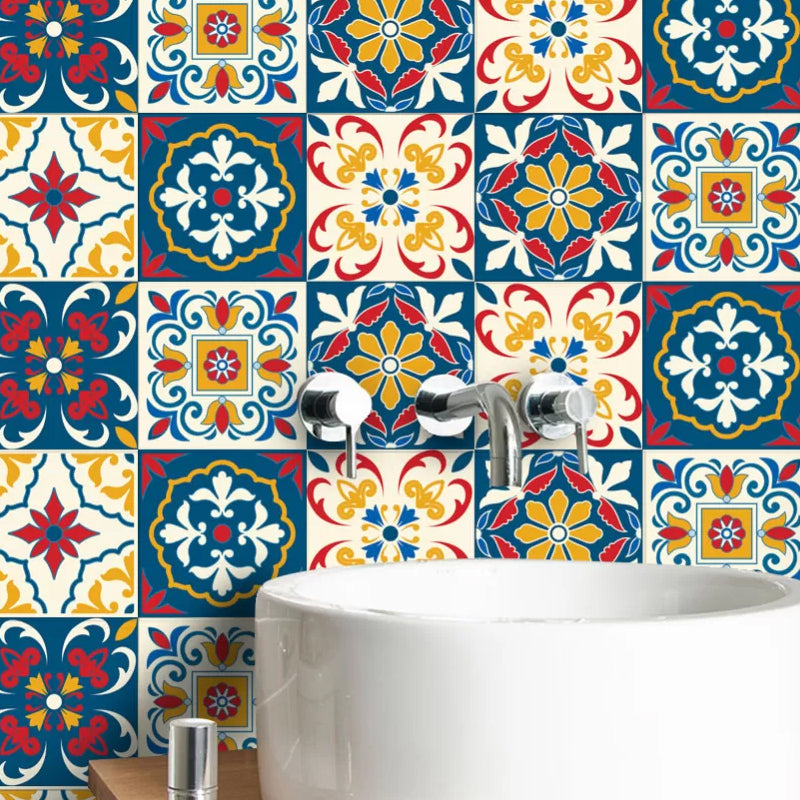 Self-Adhesive Boho Flower Wallpapers Red-Yellow-Blue Washroom Wall Decor, 5.2-sq ft