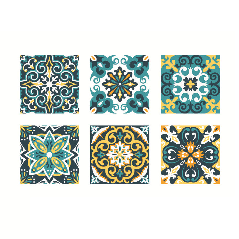 Floral Tiles Wallpaper Panels Bohemian PVC Temporary Wall Covering in Blue-Yellow-Green