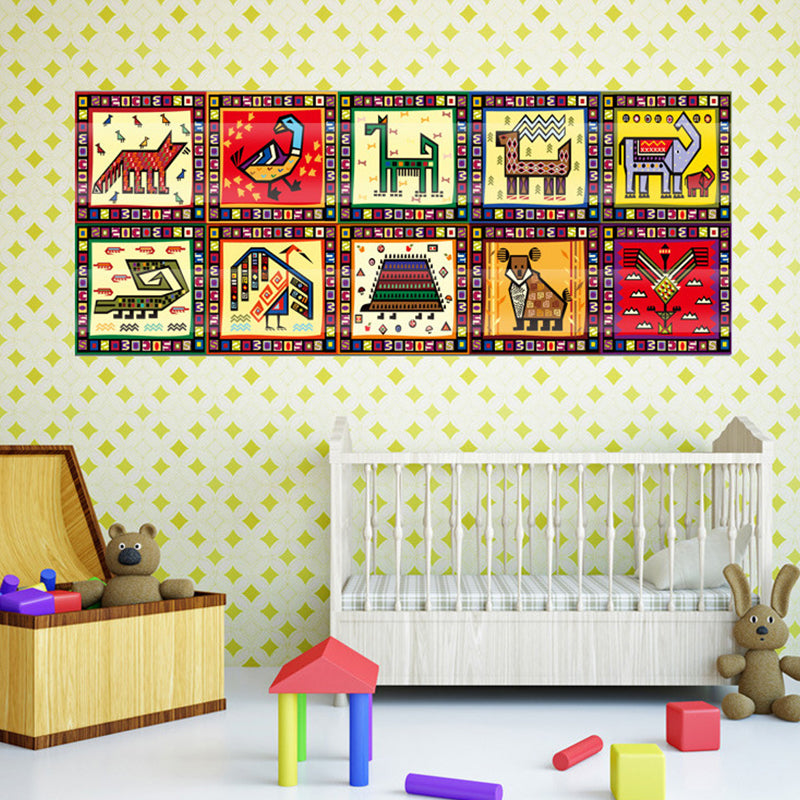 Kids Tribal Pattern Animal Wallpapers Red-Yellow-Green Stick On Wall Art for Baby Room