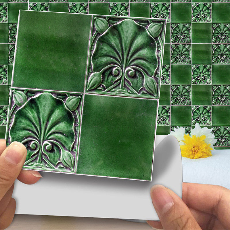 Retro Floral Mosaics Wallpaper Panel Set 20 Pieces Green Peel and Stick Wall Art for Washroom