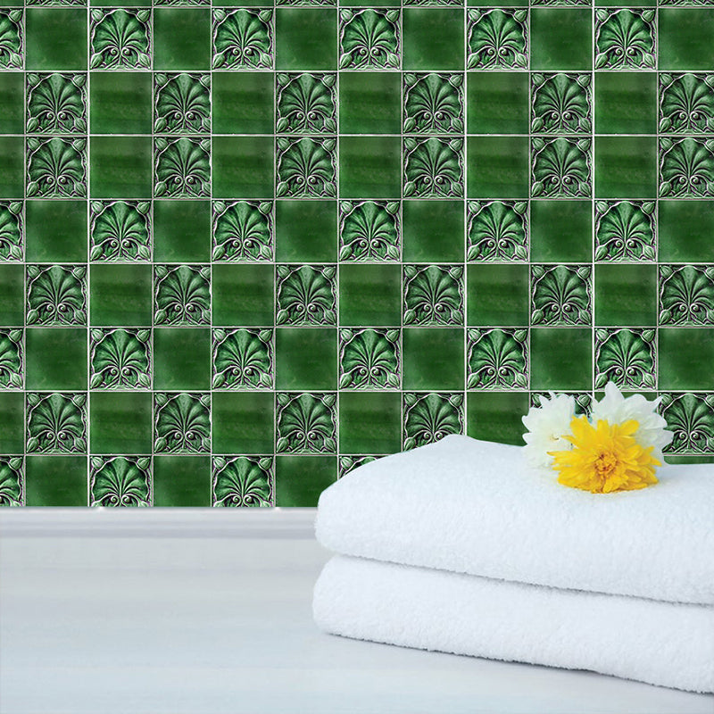 Retro Floral Mosaics Wallpaper Panel Set 20 Pieces Green Peel and Stick Wall Art for Washroom