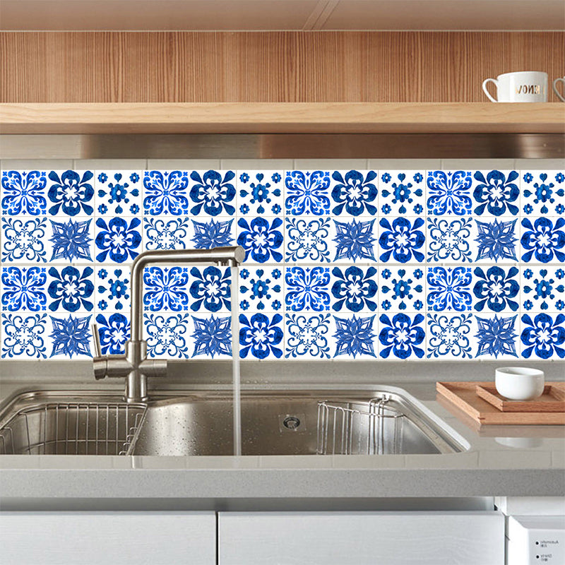 Hand-Painted Floral Tiles Wallpapers for Kitchen 7.8-sq ft Peel off Wall Covering in Blue, 18 Pcs