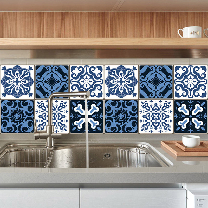 Baroque Tiles Wallpaper Panel Set 18 Pcs Blue PVC Wall Covering, Easy Peel off, 8' x 8"