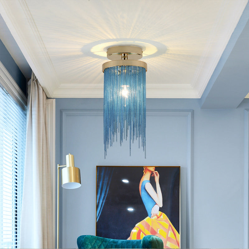 Gold/Chrom/Blue Metal -Kette Halbflush Mount Lampe moderne 1 leichte Wohnzimmerdecke montiert