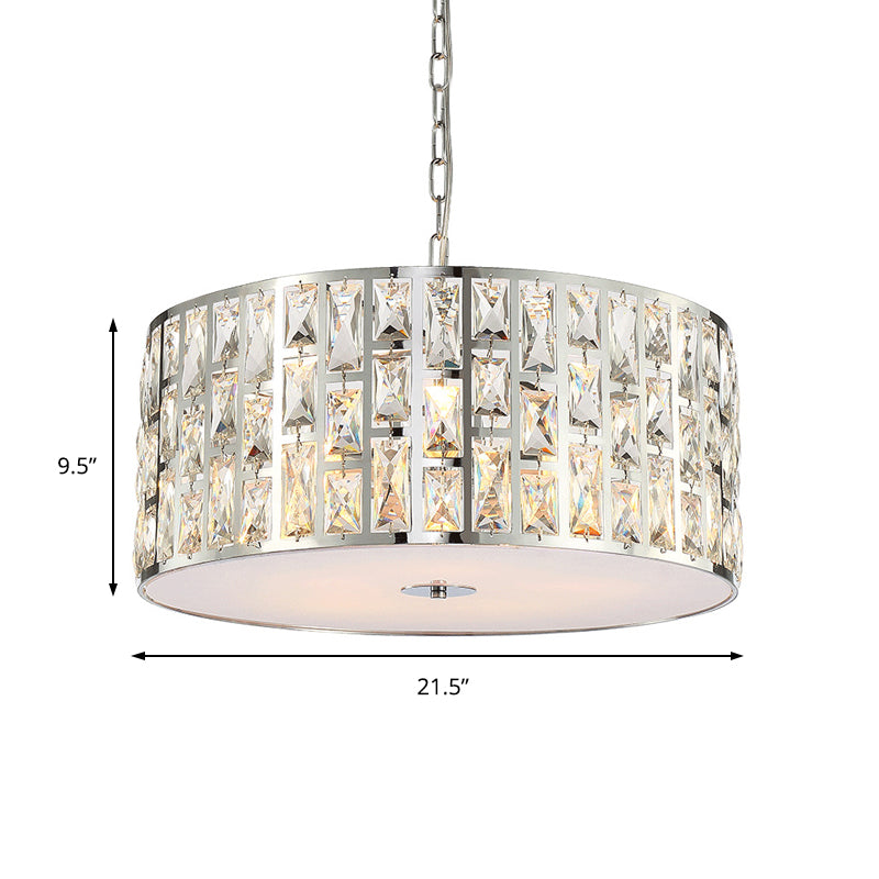 Clear Crystal Drum Chandelier Light Contemporary Pendant Lamp with Metal Chain in Chrome for Bedroom