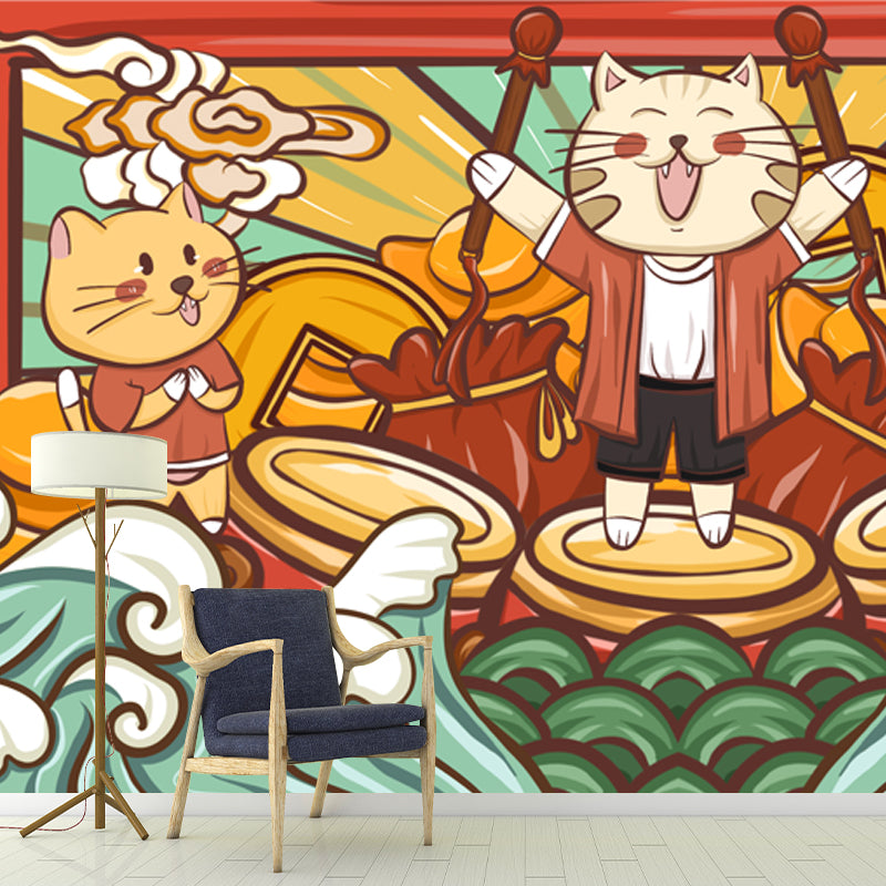 Cats Drum Performance Mural Wallpaper Red Chinese Style Wall Decor for Kids Bedroom