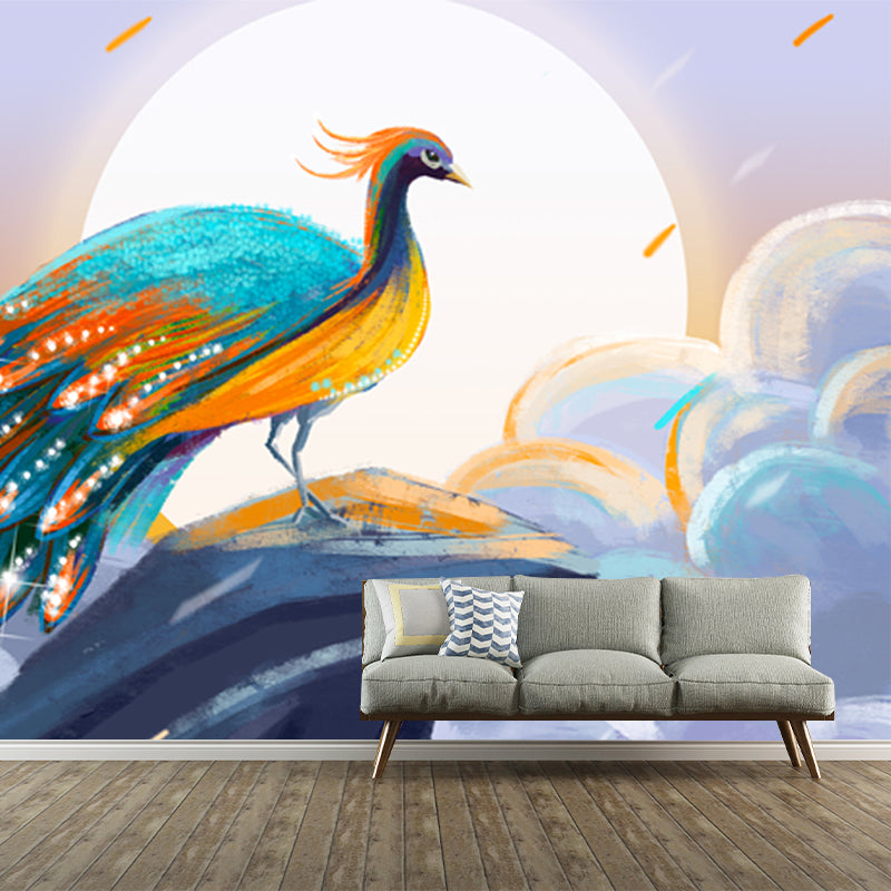 Non-Woven Large Blue Mural Chinese Peacock on Cliff with Full Moon Scene Wall Art, Custom Size