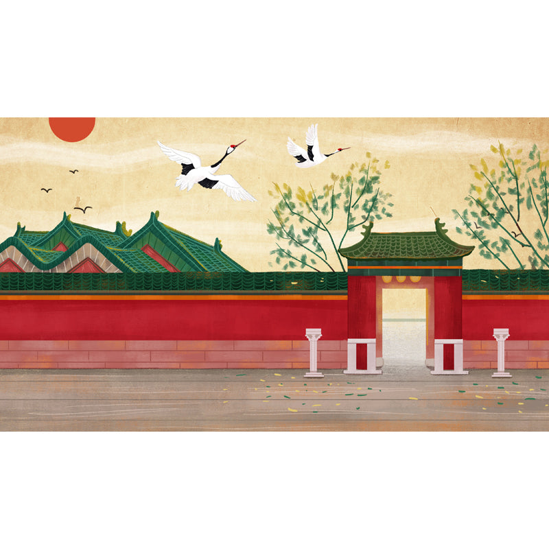 Chinese Ancient Architecture Mural Decal for Home Custom Wall Covering in Red-Beige