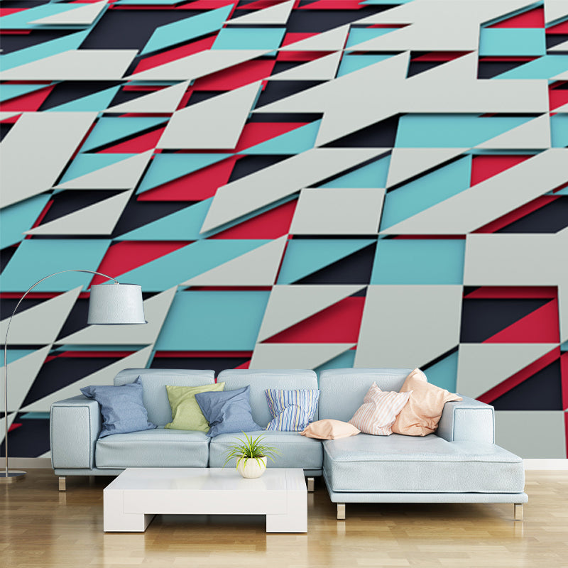 Blue-Red Triangle Mural Decal 3D Geometric Modern Washable Wall Decoration for Home