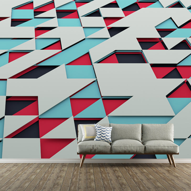 Blue-Red Triangle Mural Decal 3D Geometric Modern Washable Wall Decoration for Home