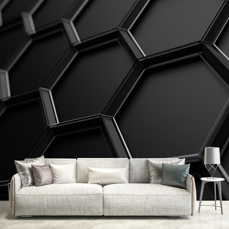 Black Honeycomb Metal Wallpaper Mural 3D Stain Resistant Wall Covering for Bedroom