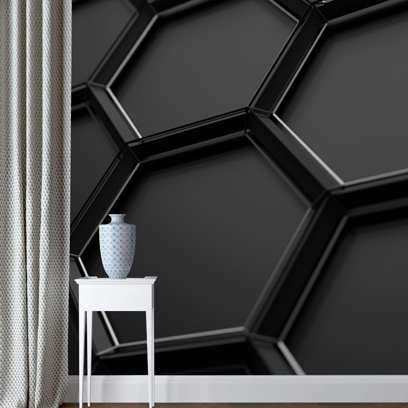 Black Honeycomb Metal Wallpaper Mural 3D Stain Resistant Wall Covering for Bedroom