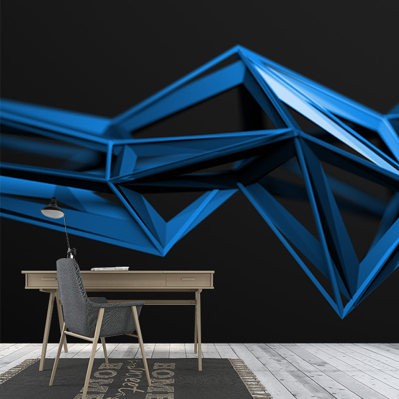 3D Geometrical Wallpaper Mural Modern Style Non-Woven Cloth Wall Decor in Blue on Black