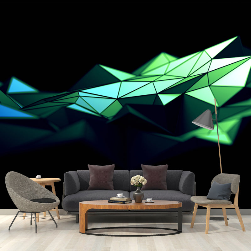 Modernist 3D Geometric Mural for Accent Wall Personalized Wall Art in Green on Black