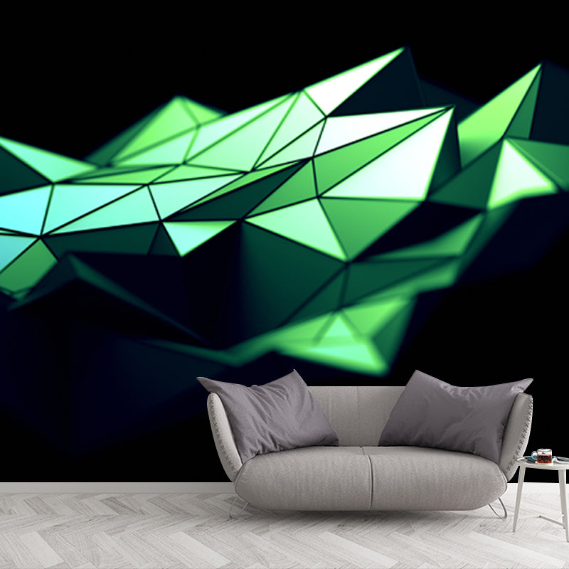 Modernist 3D Geometric Mural for Accent Wall Personalized Wall Art in Green on Black