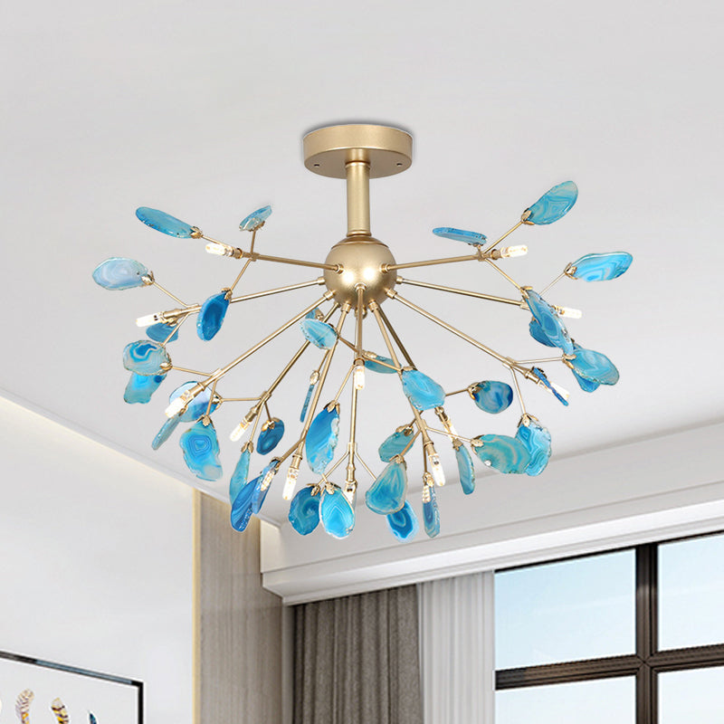 Starburst Semi Flush Mount Ceiling Fixture Nordic Metal and Agate Gold Ceiling Flush Mount for Bedroom