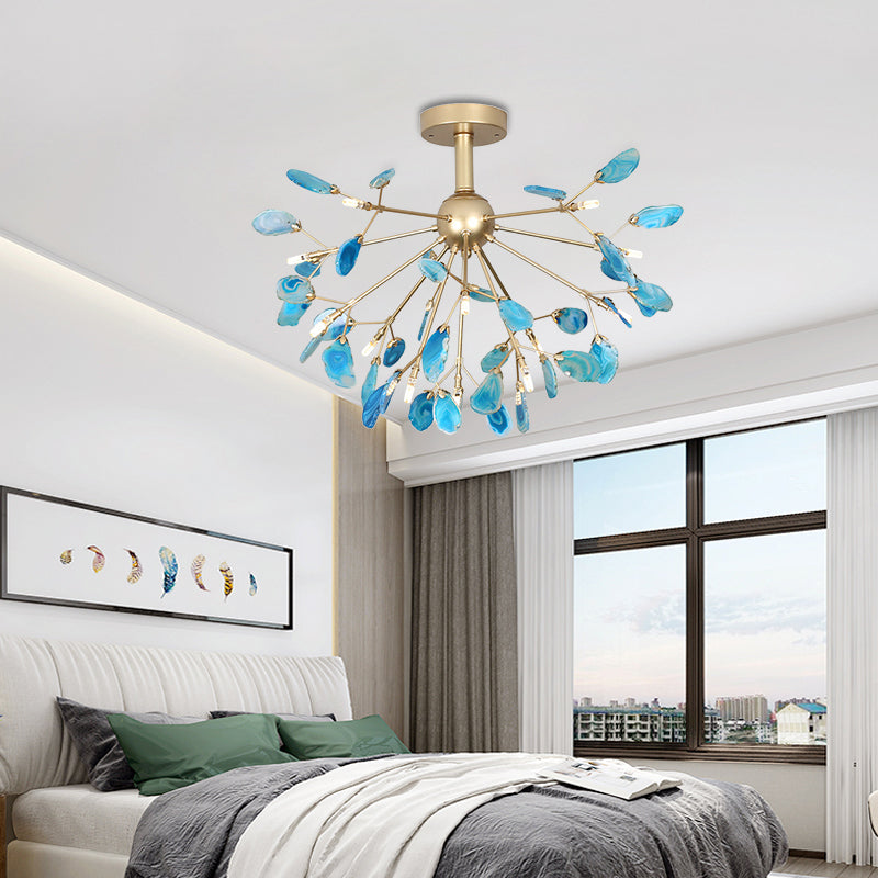 Starburst Semi Flush Mount Ceiling Fixture Nordic Metal and Agate Gold Ceiling Flush Mount for Bedroom