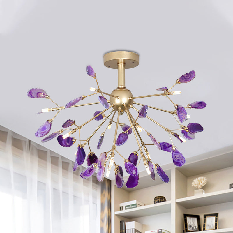 Starburst Semi Flush Mount Ceiling Fixture Nordic Metal and Agate Gold Ceiling Flush Mount for Bedroom