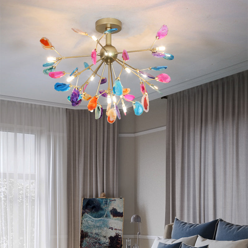 Starburst Semi Flush Mount Ceiling Fixture Nordic Metal and Agate Gold Ceiling Flush Mount for Bedroom