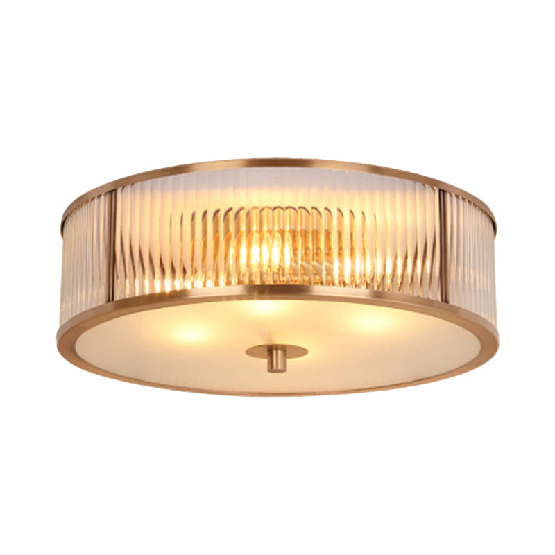 Fluted Drum Bedroom Flush Mount Antiqued Opaline Glass 3 Heads Brass Ceiling Light Fixture