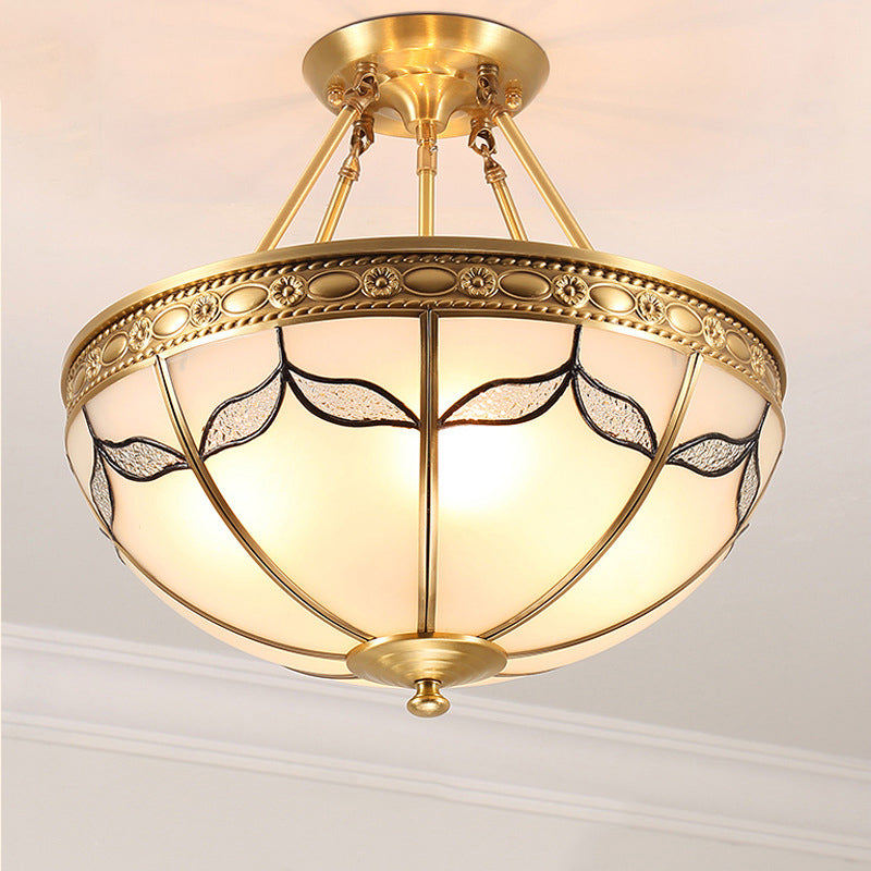 14"/16" W Dome Ceiling Light 3/4 Bulb Opal Glass Leaf Motif Semi Recessed Brass Lighting