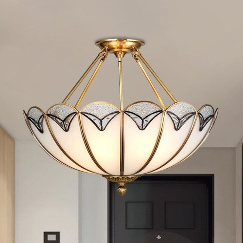 4 Heads Semi Flush Light Vintage Umbrella-Like Milky Glass Flush Mount Lighting in Brass