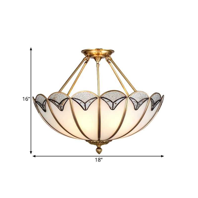 4 Heads Semi Flush Light Vintage Umbrella-Like Milky Glass Flush Mount Lighting in Brass