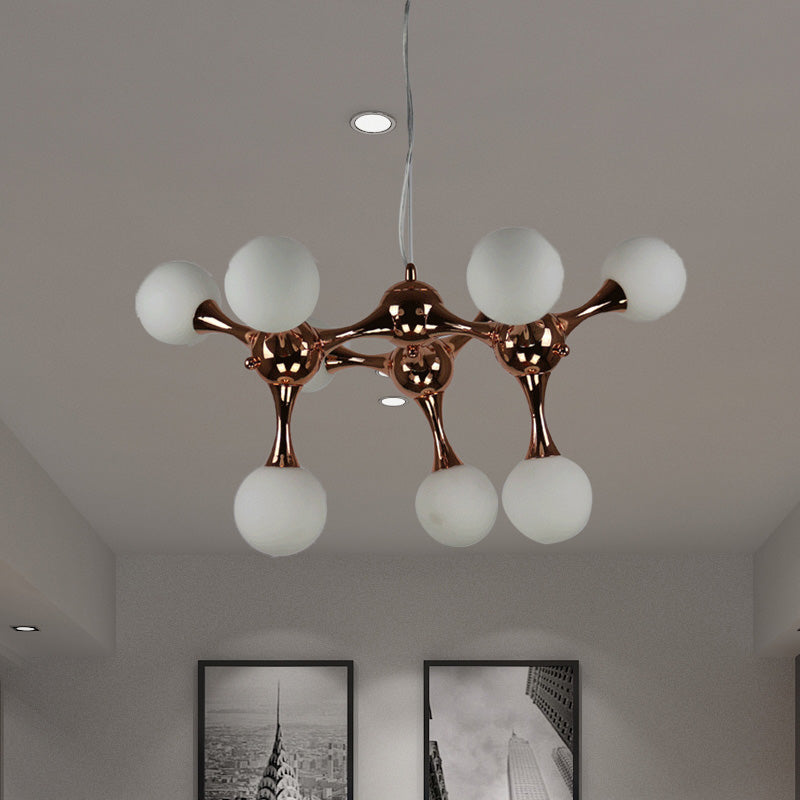 Starburst Chandelier Lighting Metal Contemporary 9/15 Lights Rose Gold Ceiling Pendant Lamp with White Glass Bubble Shade