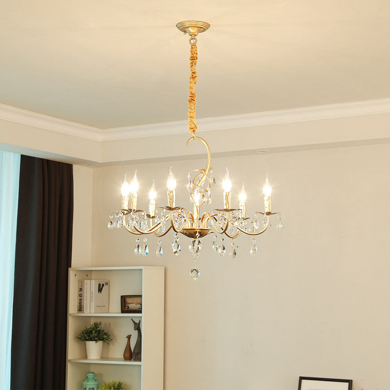 5/8-Light Metallic Chandelier Lamp Modern Gold Finish Exposed Pendant Chandelier Light with Crystal Deco and Curved Arm